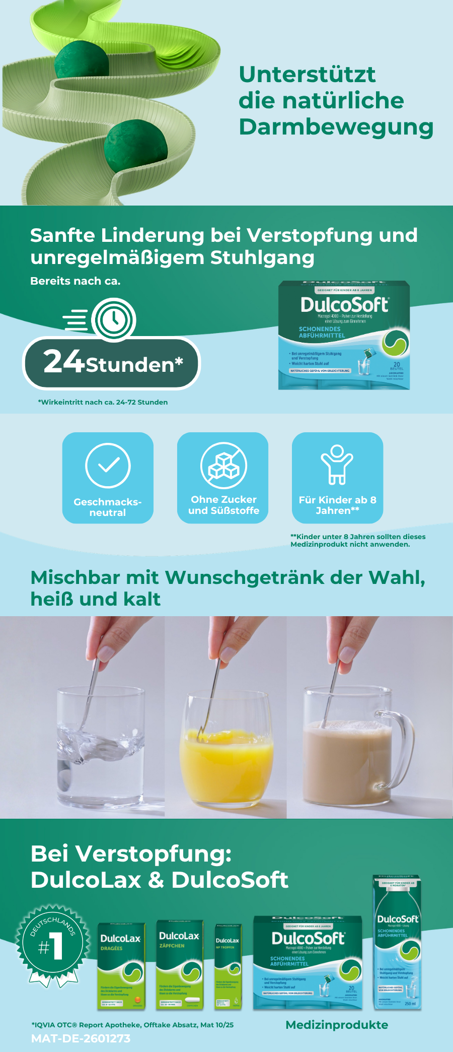 Infografik. Text: Unterstützt die natürliche Darmbewegung. Produkte: DulcoSoft, DulcoLax.